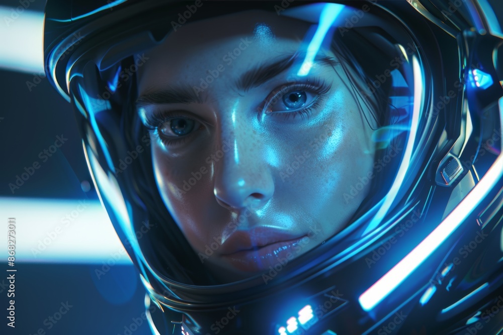 Close-up of a female astronaut in a futuristic helmet with glowing lights Close-up of a female astronaut in a futuristic helmet with glowing lights