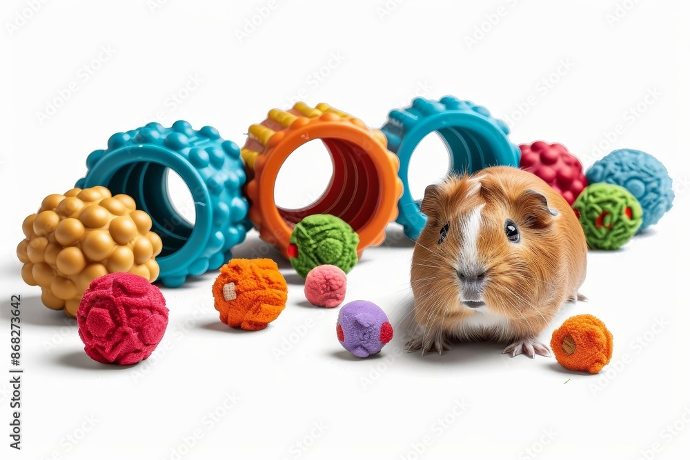 Obraz premium Guinea pig with colorful toys, white background