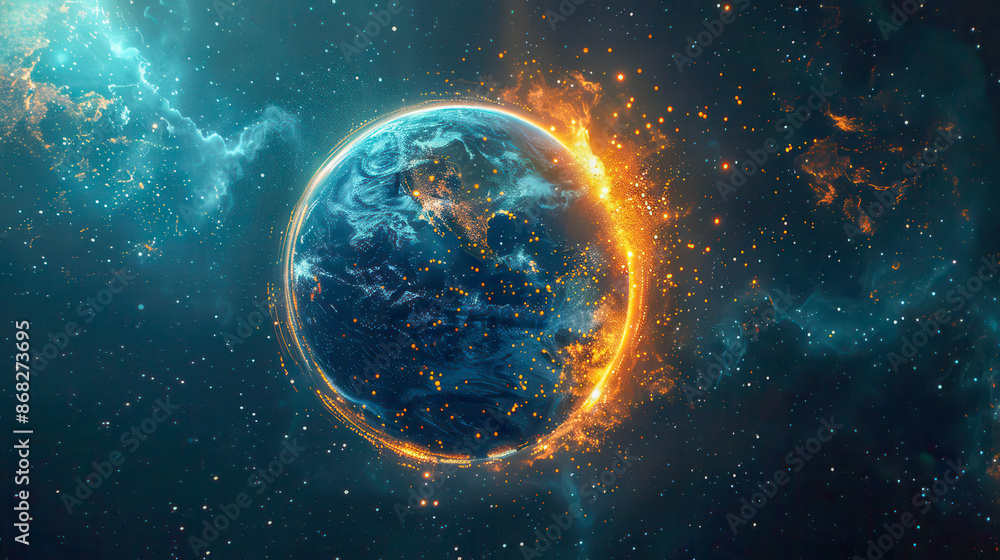 Holographic simulation of a planet with an interacting magnetic field, glowing effects in the dark. A planet surrounded by intense light Holographic simulation of a planet with an interacting magnetic field, glowing effects in the dark. A planet surrounded by intense light