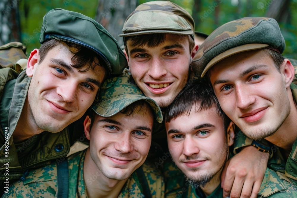 Four smiling soldiers in close camaraderie outdoors Four smiling soldiers in close camaraderie outdoors