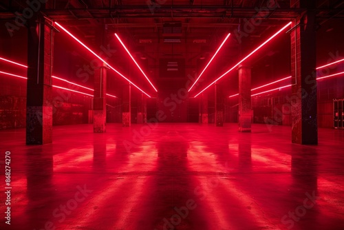 Futuristic red neon lights in industrial warehouse photo