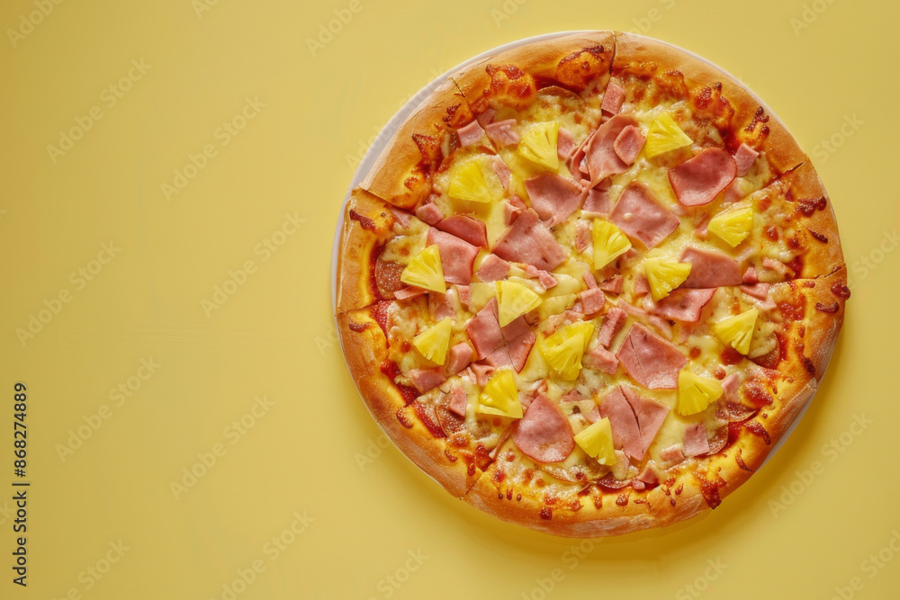 Top view of tropical fresh backed hawaiian pizza on monochrome background, copy space Top view of tropical fresh backed hawaiian pizza on monochrome background, copy space
