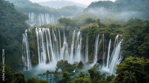 Fototapeta Naklejka Na Ścianę i Meble -  A wide waterfall with multiple streams of water falling into a river, surrounded by a dense, foggy forest