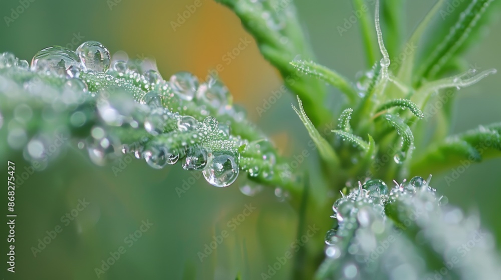 Fresh dew drops on vibrant green leaves Fresh dew drops on vibrant green leaves
