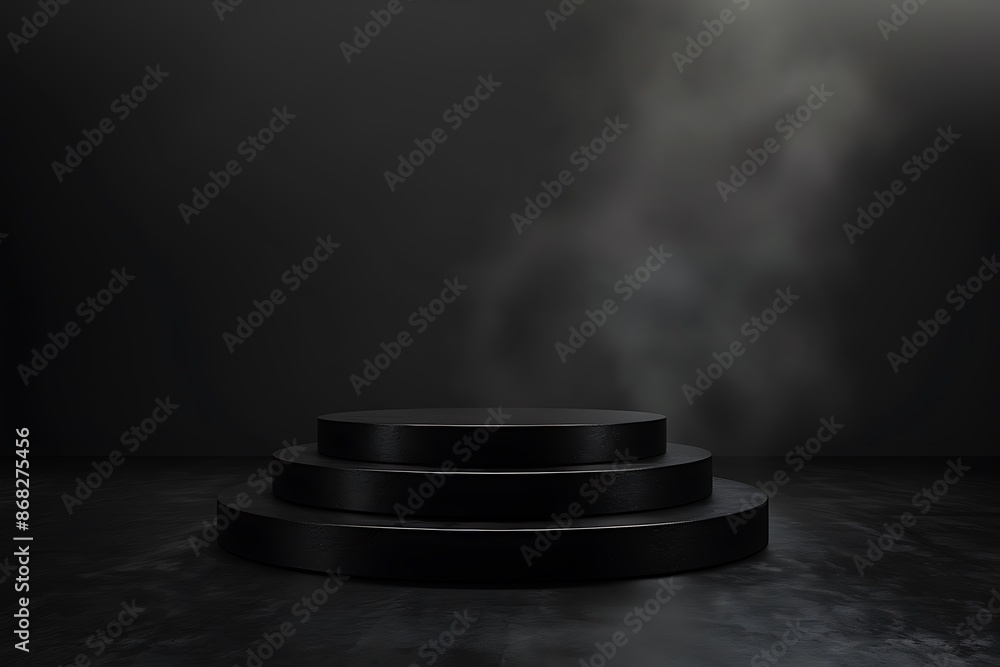 Black podium in black background. For product display. Black podium in black background. For product display.