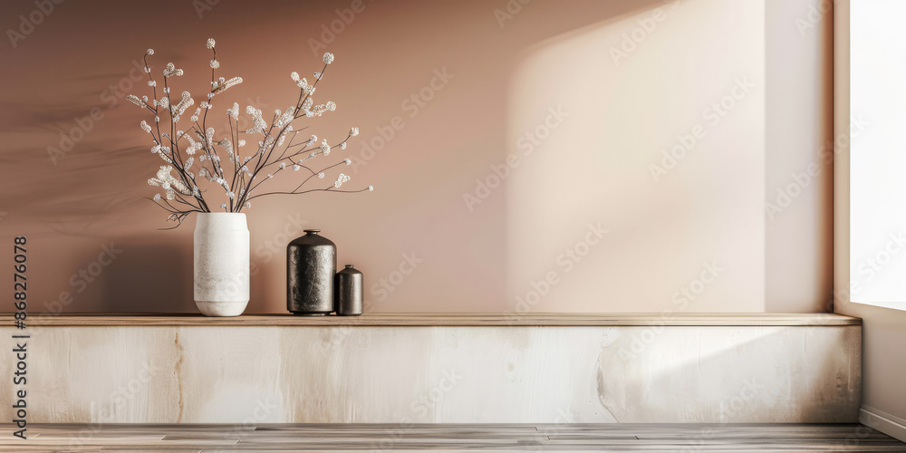 Modern interiors in rustic style with minimalist furniture, in peach color and natural lighting. Residential Real Estate composition for premium properties. Modern interiors in rustic style with minimalist furniture, in peach color and natural lighting. Residential Real Estate composition for premium properties.