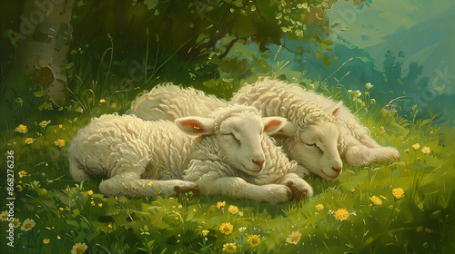 Three sheep are sleeping in a field of yellow flowers. The sheep are all white and are laying on the grass
