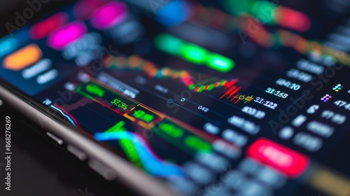 Wallpaper Mural A close-up of a smartphone screen showing a stock trading app with live stock prices, buy/sell buttons, and market news. Torontodigital.ca