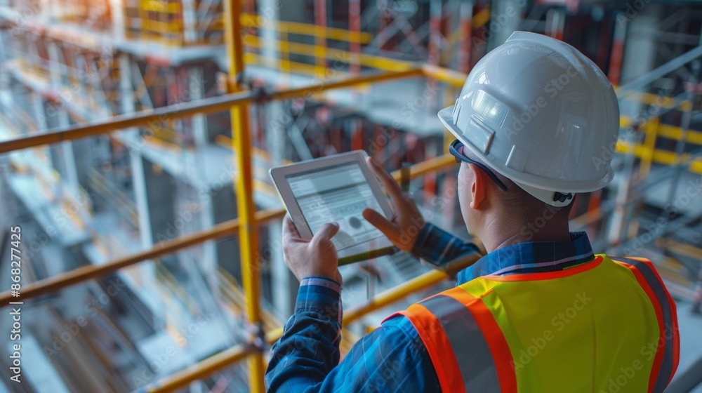 A construction manager using a tablet to monitor progress and communicate with workers, integrating technology into the site. A construction manager using a tablet to monitor progress and communicate with workers, integrating technology into the site.