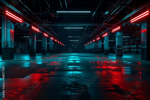 Futuristic industrial warehouse at night with neon lights