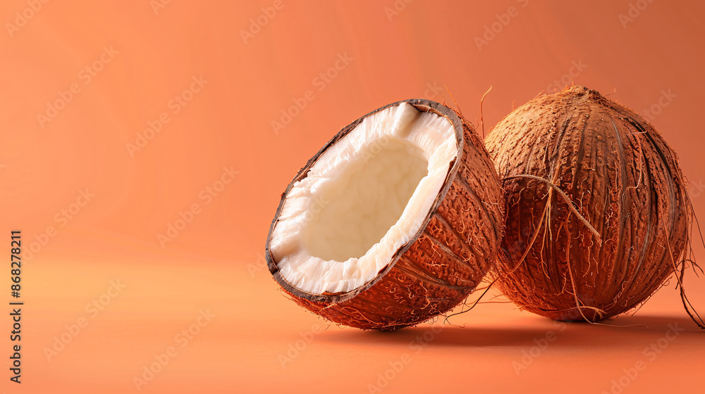 A single coconut placed on a gradient surface. Perfect for tropical themes, realistic coconut isolated on gradient background. A single coconut placed on a gradient surface. Perfect for tropical themes, realistic coconut isolated on gradient background.