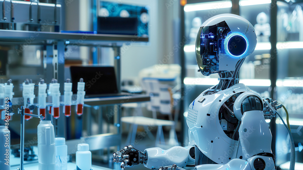 Humanoid robot in a laboratory, advanced technologies in the background, robot performing precise tasks Humanoid robot in a laboratory, advanced technologies in the background, robot performing precise tasks
