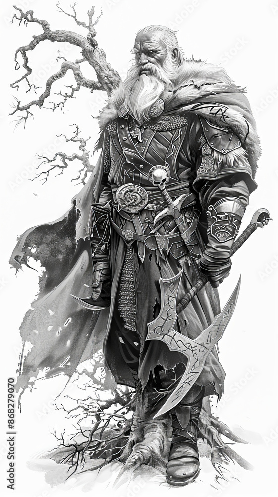 Fototapeta premium Large Warrior Wizard. Generated image. A digital illustration of a large warrior wizard standing next to a haunted tree, warrior shaman with an axe, in the style of colorful realistic tattoo.