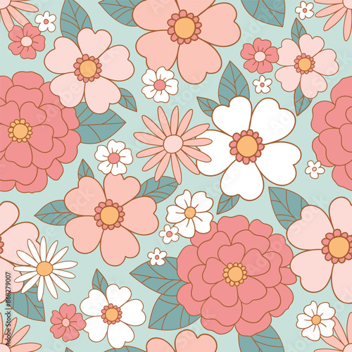 Seamless vector pattern with hand drawn decorative vintage flowers. Retro groovy floral background. Perfect for textile, wallpaper or print design.
