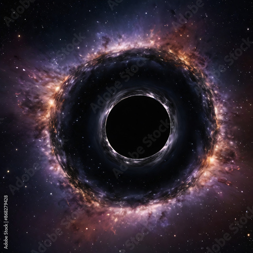 Black hole over star field in outer space, abstract space wallpaper with form of letter O and sparks of light with copy space