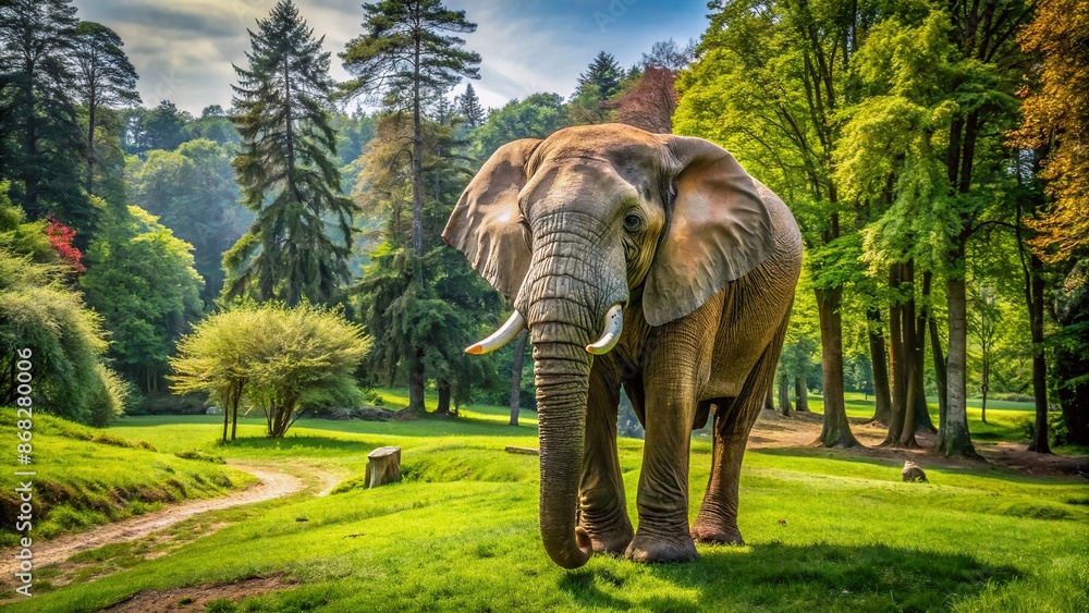 Fototapeta premium Majestic elephant roams freely in lush green surroundings of Dvur Kralove animal garden in Czech Republic, showcasing its natural habitat and gentle giant presence.