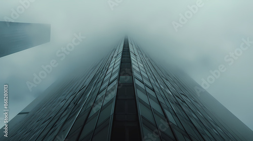 Low angle shot of skyscrapers with foggy sky