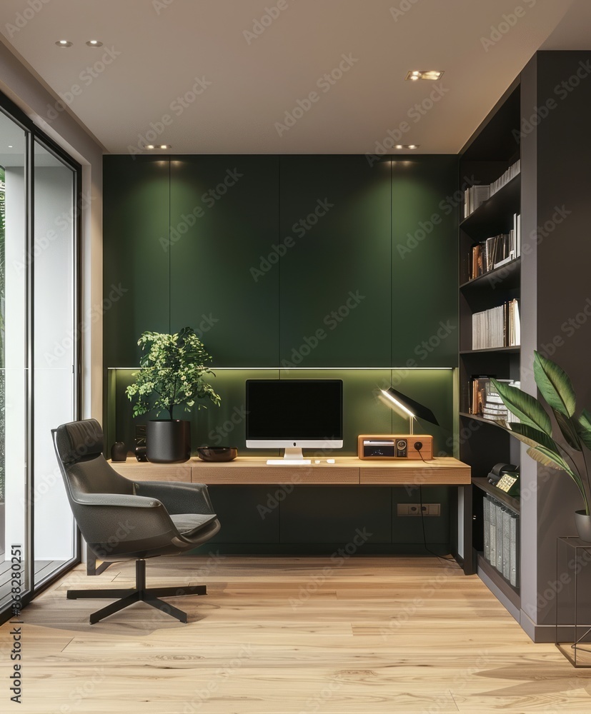 Green accent wall in a minimalist space with monochrome decor Green accent wall in a minimalist space with monochrome decor