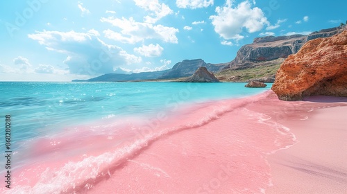 Fototapeta Naklejka Na Ścianę i Meble -  Tranquil Beauty of Elafonisi Beach: Surreal Magic of Pink Sand and Turquoise Waters in Crete, Greece