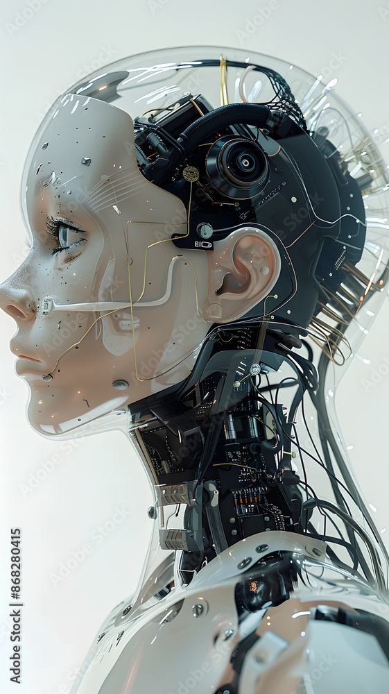 Fototapeta premium A female humanoid robot with a transparent head visible internal mechanical parts and wires