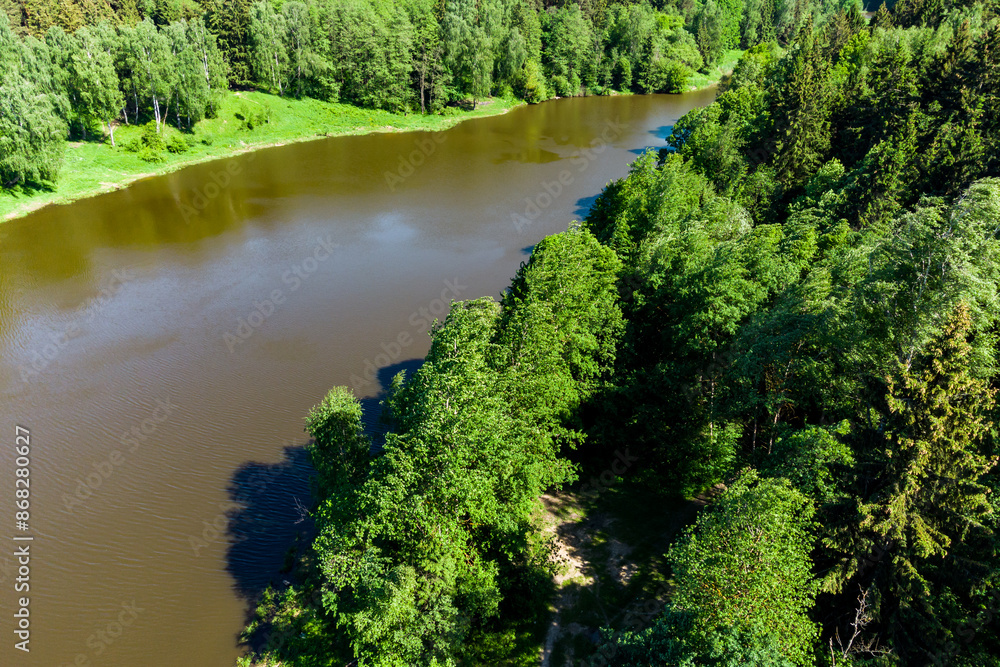 An aerial view through the trees of a body of water in a picturesque wilderness area. Pond on the Stradalovka River, Balabanovo, Russia An aerial view through the trees of a body of water in a picturesque wilderness area. Pond on the Stradalovka River, Balabanovo, Russia