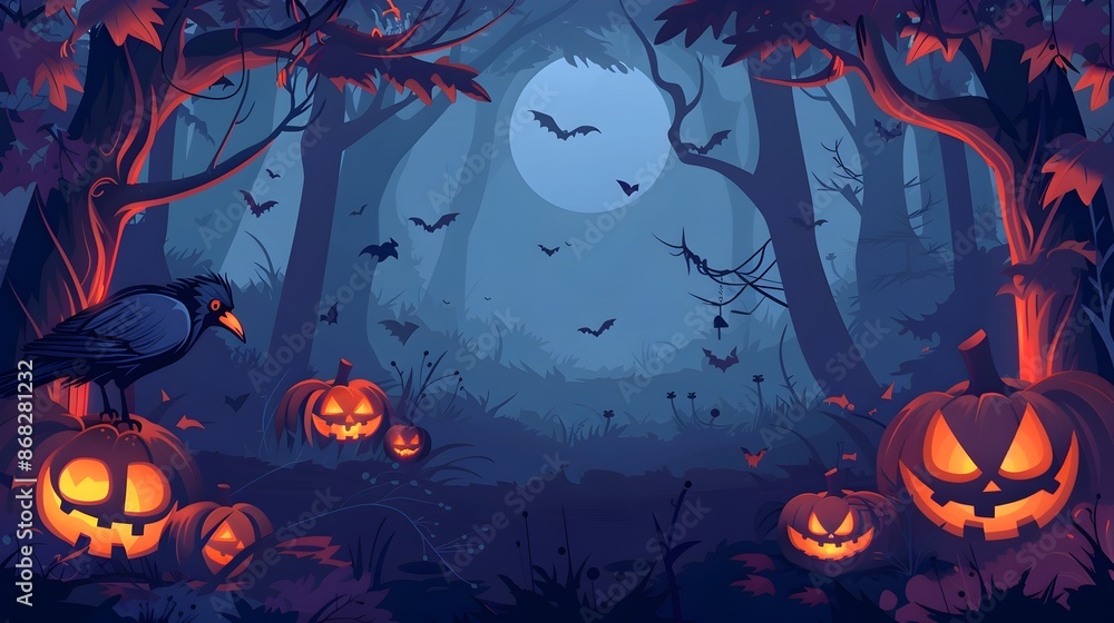 Spooky Halloween Night Forest Scene with Glowing Pumpkins and Ominous Crows Spooky Halloween Night Forest Scene with Glowing Pumpkins and Ominous Crows
