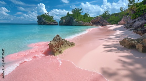 Serene Beauty of Horseshoe Bay Bermuda: Pink Sand Paradise on White Sands Beach with Turquoise Waters and Lush Vegetation