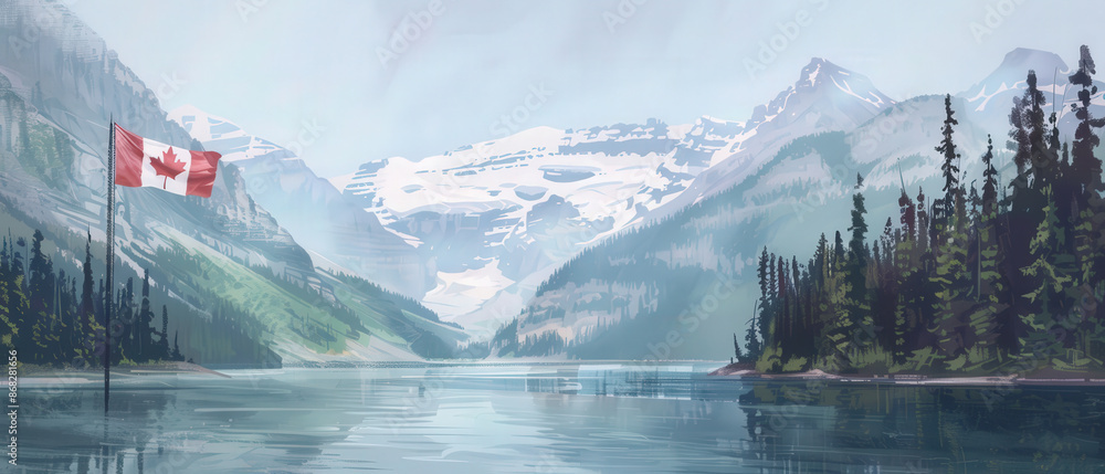 Naklejka premium Serene Canadian Flag Reflection in Lake with Pine Forests and Mountains | Peaceful Digital Painting of Symmetry and Harmony in Canadian Landscape
