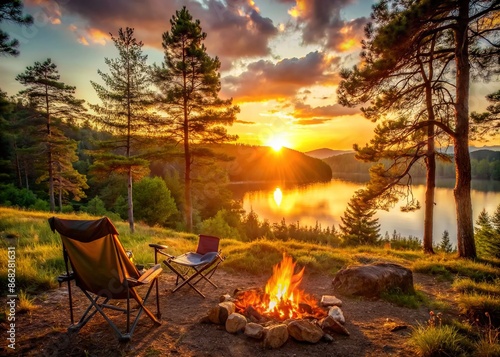 Warm sunset casts a serene glow on a secluded outdoor spot, evoking a sense of carefree simplicity and freedom, perfect for young adventurers seeking laid-back living. photo
