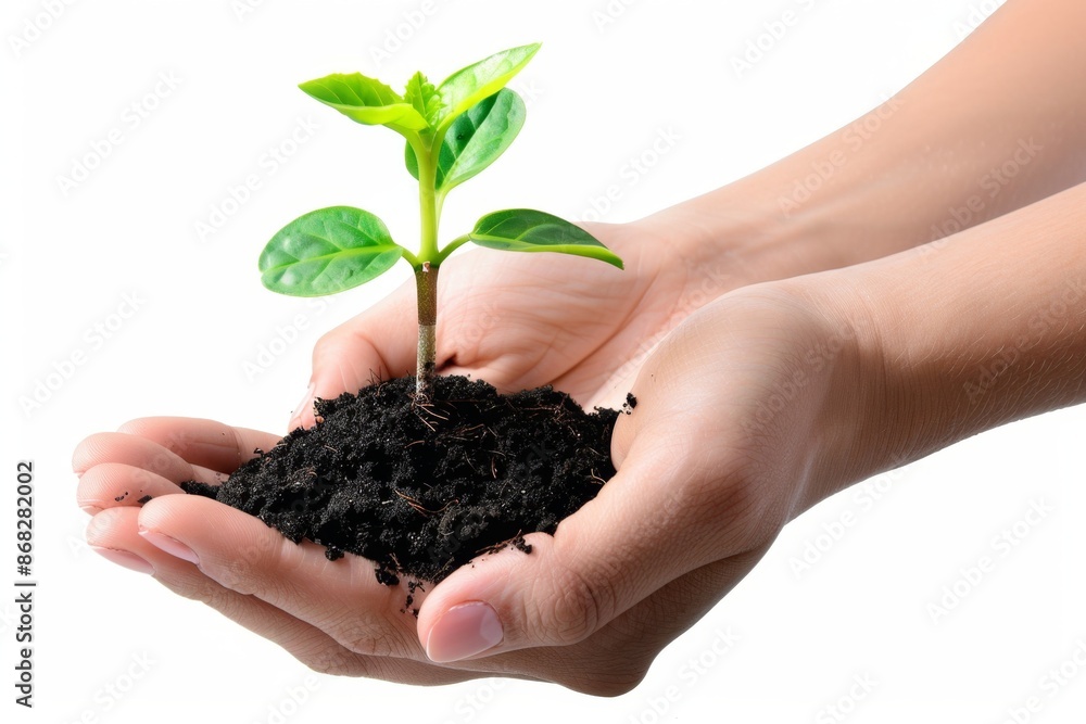 Plant in hands isolated, young sprout, new plant growing in soil, organic farming, environment care, earth day Plant in hands isolated, young sprout, new plant growing in soil, organic farming, environment care, earth day