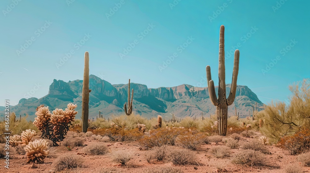 Saguaro cacti stand tall in the Sonoran Desert landscape, with mountains in the background. Arizona desert, nature, travel, tourism Saguaro cacti stand tall in the Sonoran Desert landscape, with mountains in the background. Arizona desert, nature, travel, tourism