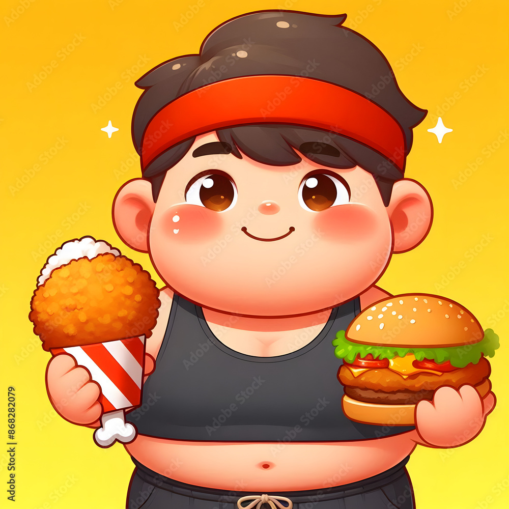 Completely fat boy in exercise clothes and food in hand. Completely fat boy in exercise clothes and food in hand.