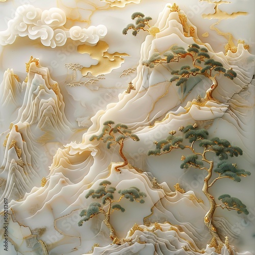 3d modern canvas art mural wallpaper landscape moon, golden christmas trees, colorful mountains