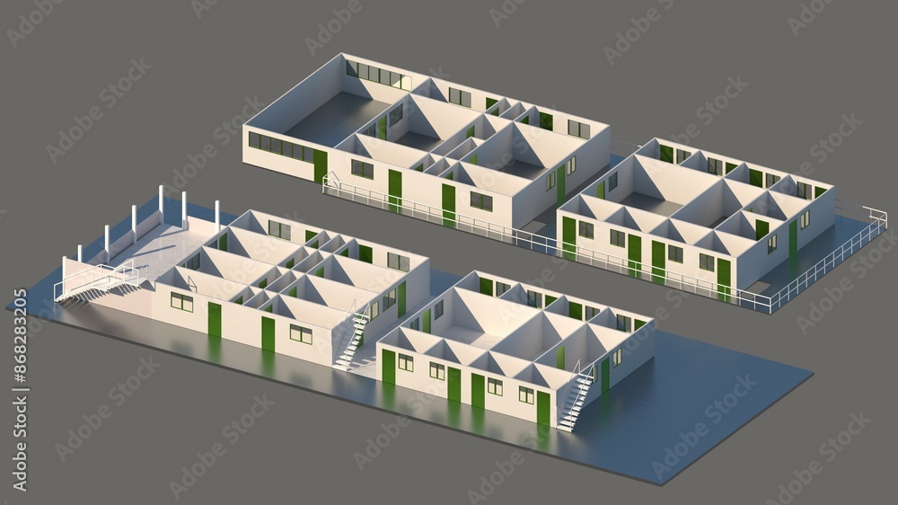 Naklejka premium Axonometric Floor Plan of Rooms in Blocks Painted White with Green Accent Doors for Modern Interiors