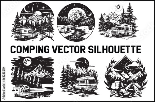 camping, bundle, silhouette, outdoor gear, camping equipment, hiking gear, nature, adventure, travel, wilderness, tent, sleeping bag, backpack, campfire, trekking, survival gear, camping tools, outdoo