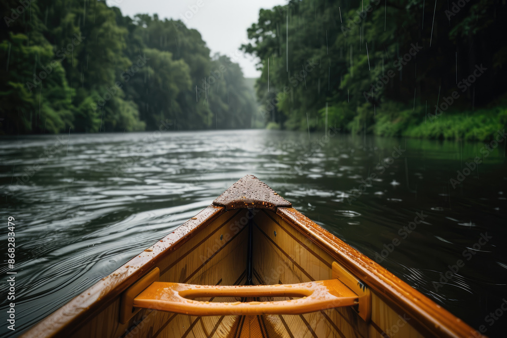 A striped canoe cruising on a rainkissed river under stormy skies A striped canoe cruising on a rainkissed river under stormy skies