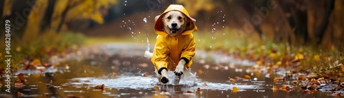 Playful Puppy in Raincoat S...
