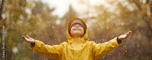 Joyful Child in Yellow Rain...