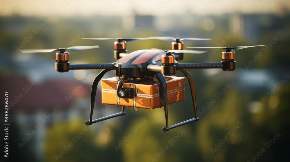 A delivery drone in flight, carrying a small package over a residential area, with space for text A delivery drone in flight, carrying a small package over a residential area, with space for text