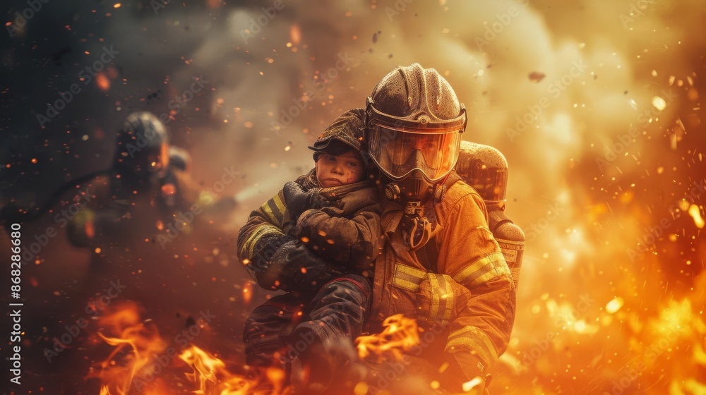 A fire fighter rescuing a child from a burning building A fire fighter rescuing a child from a burning building