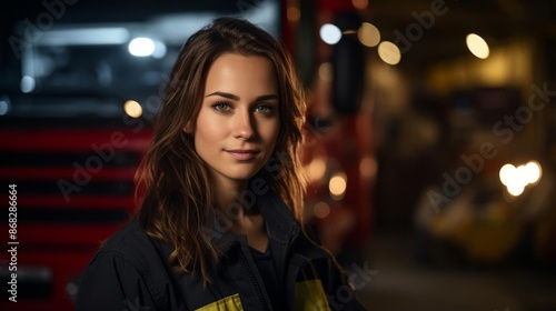 A female firefighter in full gear, standing confidently in front of a fire truck with lights flashing, with space for  text © NongKirana