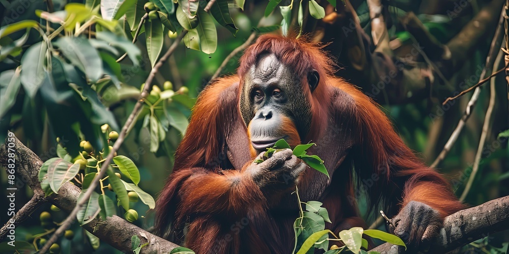 Fototapeta premium Endangered Bornean Orangutan in Lush Rainforest Habitat. Conservation and Wildlife Photography