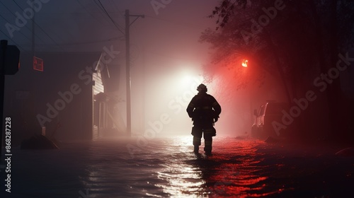 A rescue worker wades through a flooded street, lights glowing in the misty background.