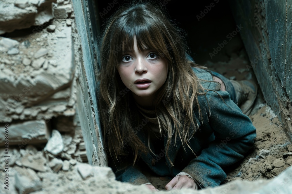shocked girl emerging from rubble in a disaster scenario shocked girl emerging from rubble in a disaster scenario