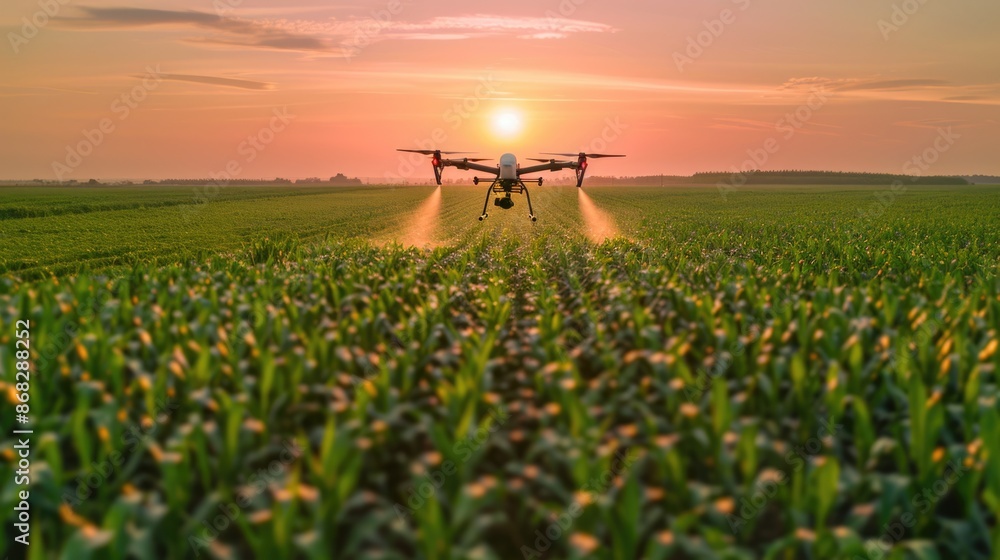 Precision Spraying technology concept of smart farm or smart agriculture, Precision Spraying drone at corn field or maize field in the morning sunrise. Precision Spraying technology concept of smart farm or smart agriculture, Precision Spraying drone at corn field or maize field in the morning sunrise.