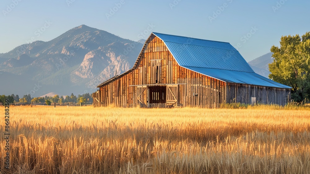 Rustic barn in golden field with mountain landscape. Idyllic countryside scenery at sunset. Rustic barn in golden field with mountain landscape. Idyllic countryside scenery at sunset.