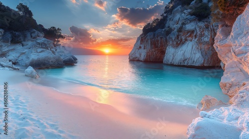 Tranquil Sunset at Secluded Cala Goloritze, Sardinia with Pristine Turquoise Waters and Limestone Cliffs photo