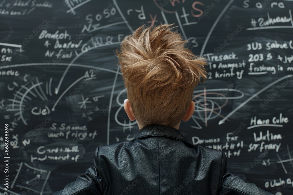 Young student pondering complex formulas on a blackboard Young student pondering complex formulas on a blackboard
