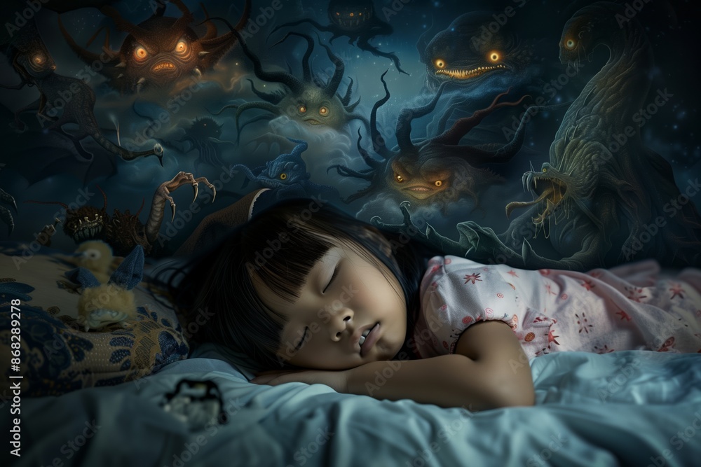 Child bed monsters showcasing unsettling emotion and dark fantasy. Little girl faces nightmare monsters bed capturing fear and surrealism. Clash of innocent dreams haunting nightmares. Child bed monsters showcasing unsettling emotion and dark fantasy. Little girl faces nightmare monsters bed capturing fear and surrealism. Clash of innocent dreams haunting nightmares.