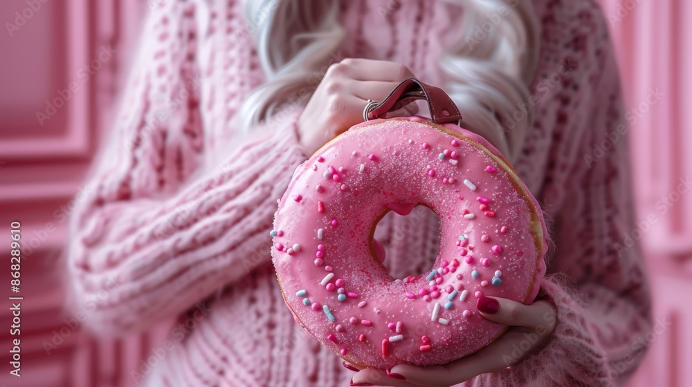 Pink bagel-shaped handbag with glaze in the hands of an elderly woman: creative photo. Pink bagel-shaped handbag with glaze in the hands of an elderly woman: creative photo.